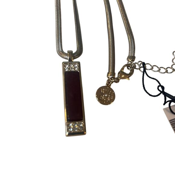 White House Black Market  Silver, Burgundy & Rhinestone Bar Pendant Necklace NWT - Picture 3 of 5